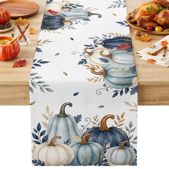 Fall Harvest Cotton Linen Table Runner Blue and White Pumpkins Gold Eucalyptus Leaves Dining Table Runners for Home Decor Party Dining Room Restaurant Kitchen Party 13" x 48"