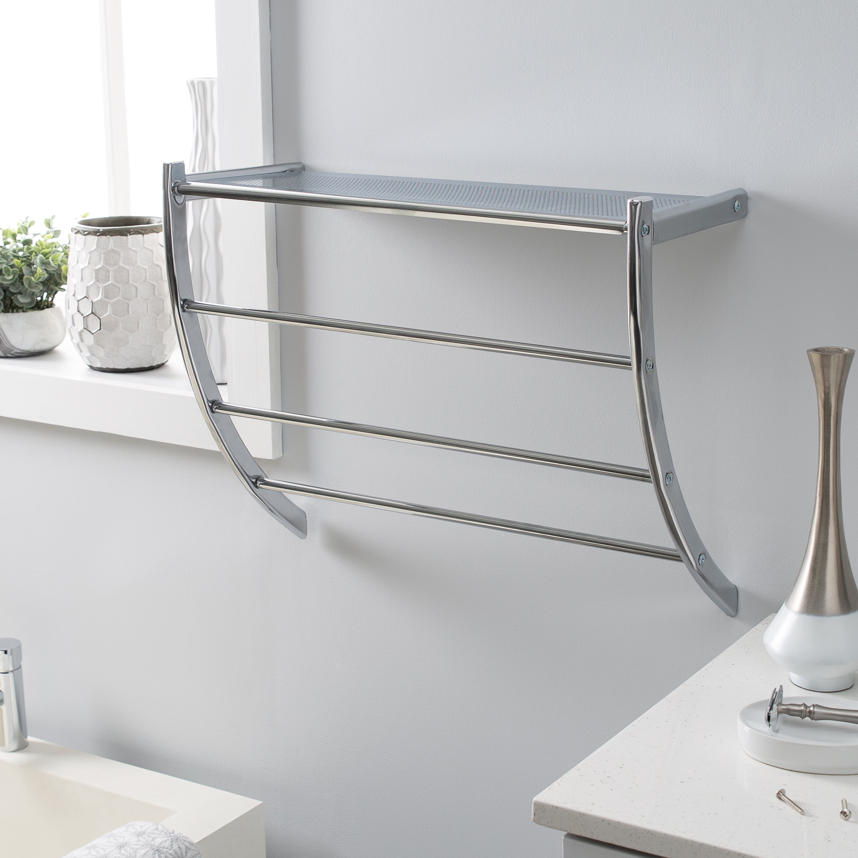 Paris Hotel Towel Rack Shelf with Hooks in Brushed Nickel 20" Overall 
