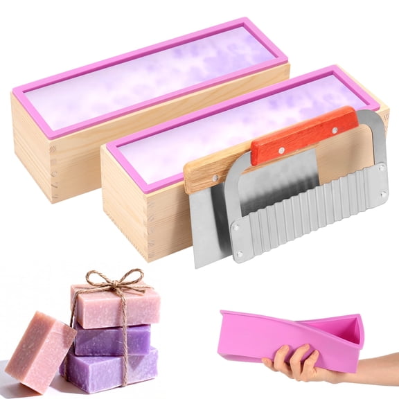 Grusce 2 Pcs Soap Mold Making Kit with Cutters, 40.58oz Rectangular Silicone Loaf Soap Mold with Wooden Box, Stainless Steel Wavy & Straight Scraper for Homemade Craft Soap Making Supplies