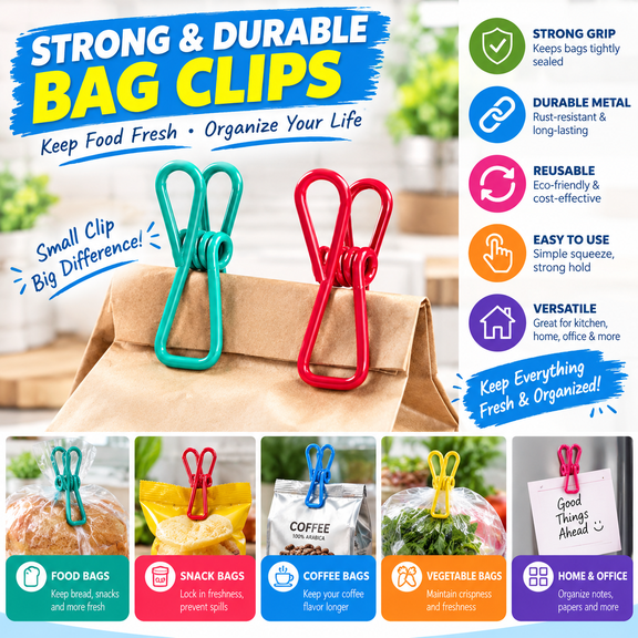 10-Pack Heavy Duty Chip Clips, PVC Coated Non Slip Bag Sealing Clips, Reusable Kitchen Food Storage Clips for Snack Bags, Bread Bags, Pantry Organization and Home Use