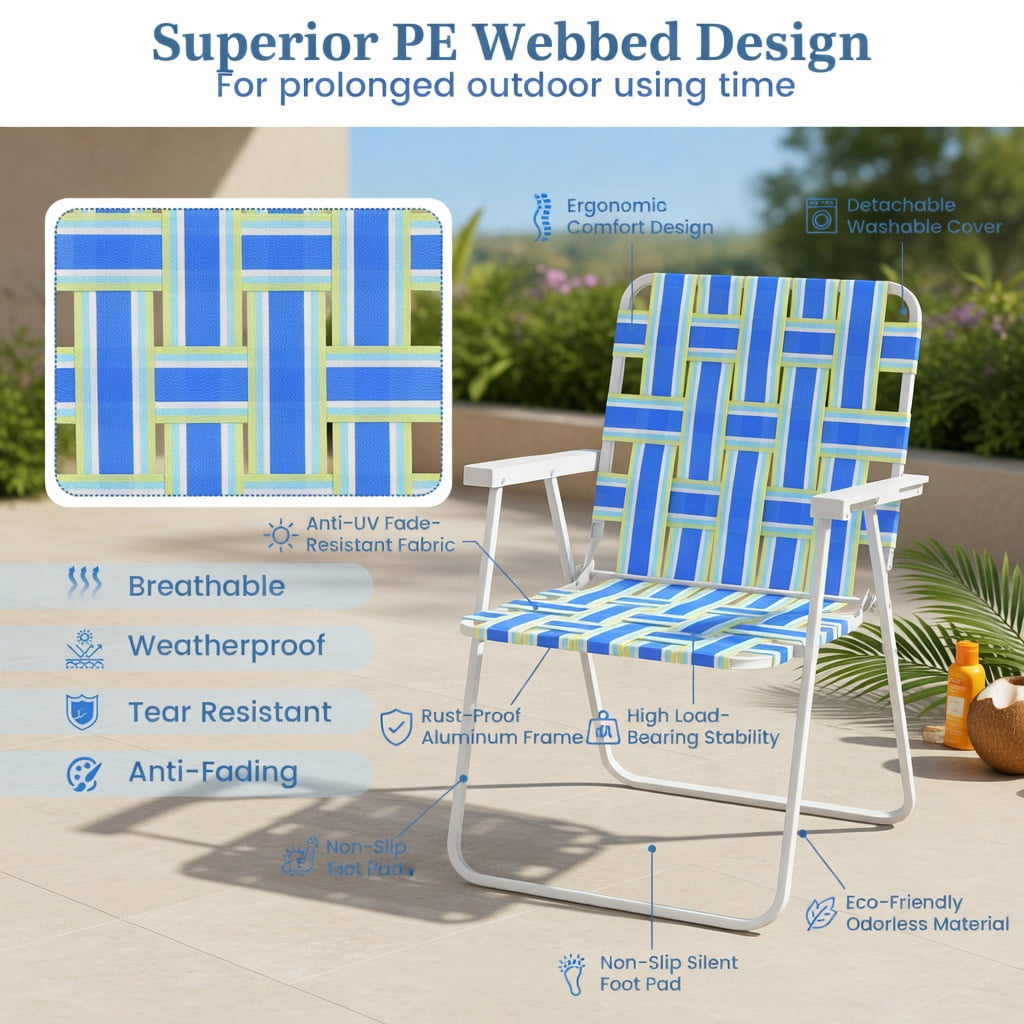 Hommoo 4-Pack Foldable Beach Chairs for Camping, Lawn & Outdoor Use, Heavy-Duty Steel Frame, Fade-Resistant PE Webbing, Portable & Lightweight, Blue