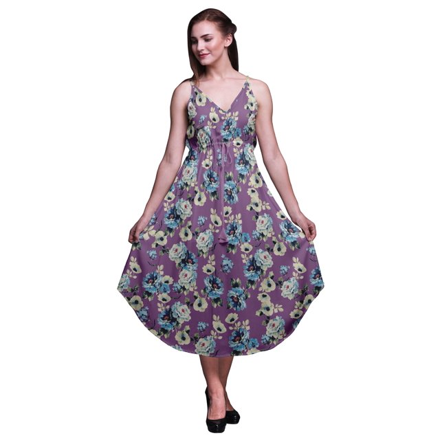 Bimba Floral Ladies Printed Resort Midi Drawstring Dress Spaghetti Strap Beach Wear-Large