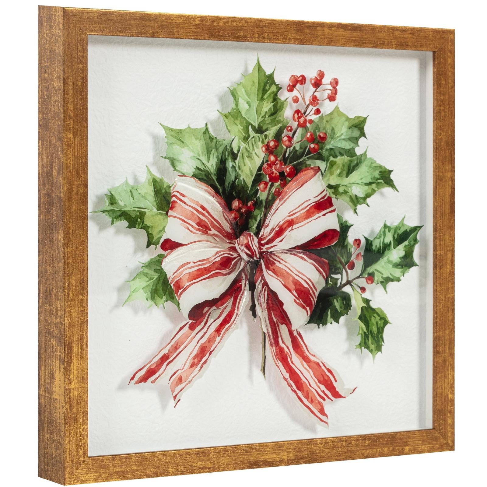 Mistletoe Tied W/Bow Framed Parchment Print Shadowbox Under Flatbed Tinted Gel Embellished Glass, 12x12, Christmas Wall Art by Holiday Time
