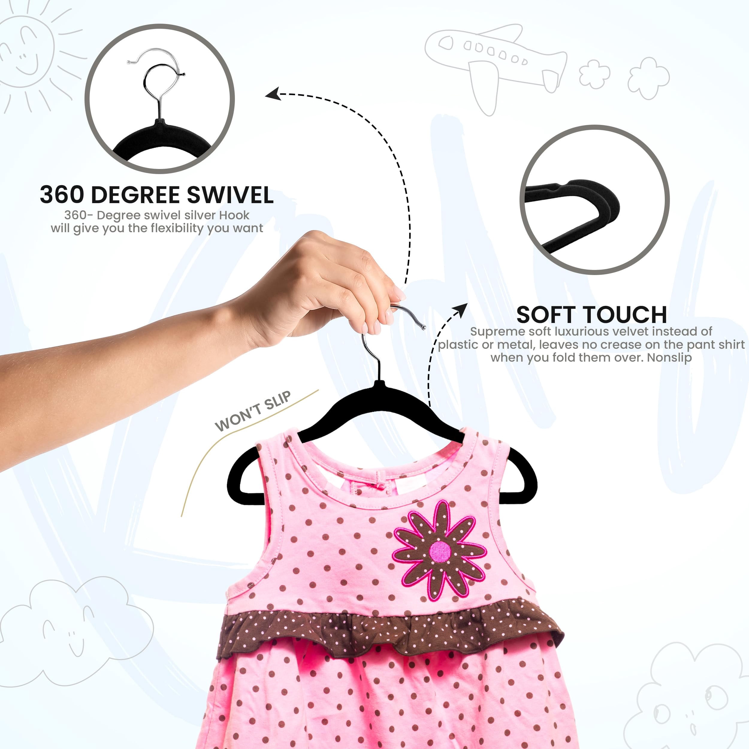 Utopia Home Kids Velvet Hangers 50 Pack  11 Inch Non-Slip Baby Hangers for Baby and Toddlers, Durable Ultra-Slim Space-Saving Closet Organizers Black