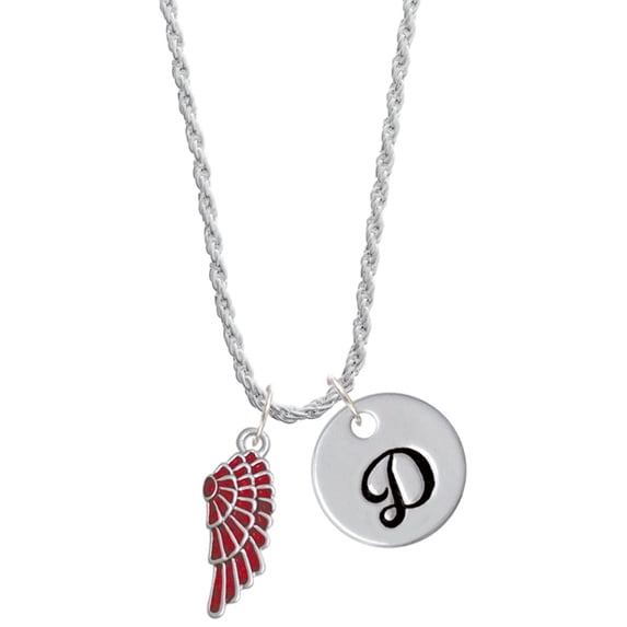 Delight Jewelry Silvertone Medium Translucent Red Angel Wing Silvertone Script Initial Disc - D - Charm Necklace, 20"+3"