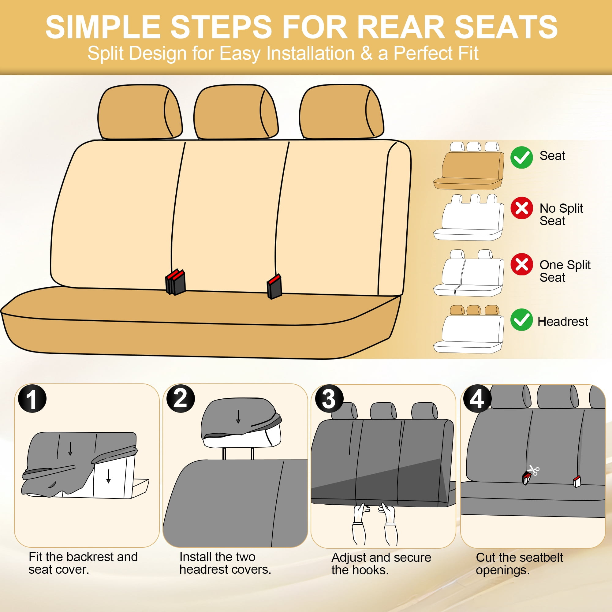 FLORAY 9-Piece Car Seat Covers Full Set - Airbag Safe, Thickened Quilted Cloth, Machine Washable - Universal Fit for Cars, SUVs & Trucks (Solid Rear Bench), Beige