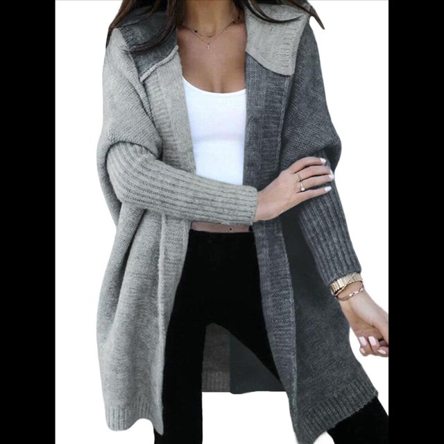 Cárdigan de Punto con Capucha y Larga con Abertura Frontal para Mujer, Abrigos con Bloques de Color, Otoño e Invierno Gris y Oscuro S