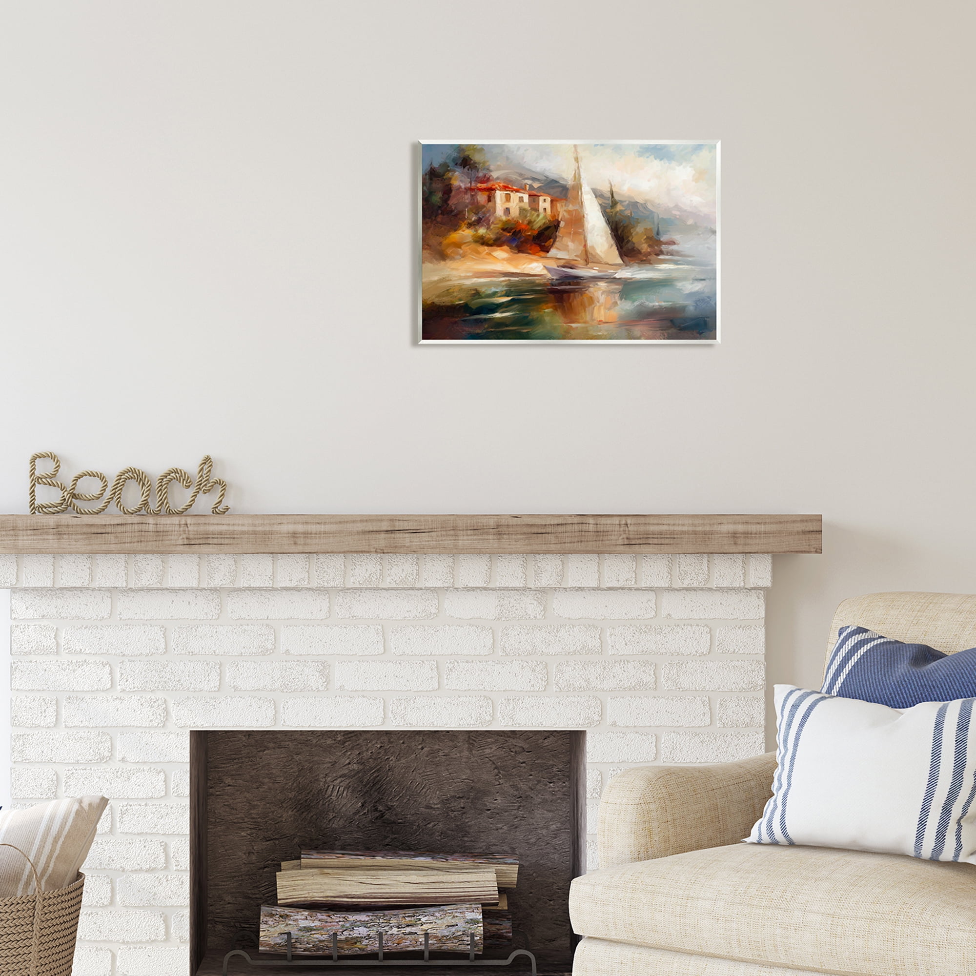 Stupell Industries Sailboat by Town Shore Transportation Painting Unframed Art Print Wall Art, 19 x 13