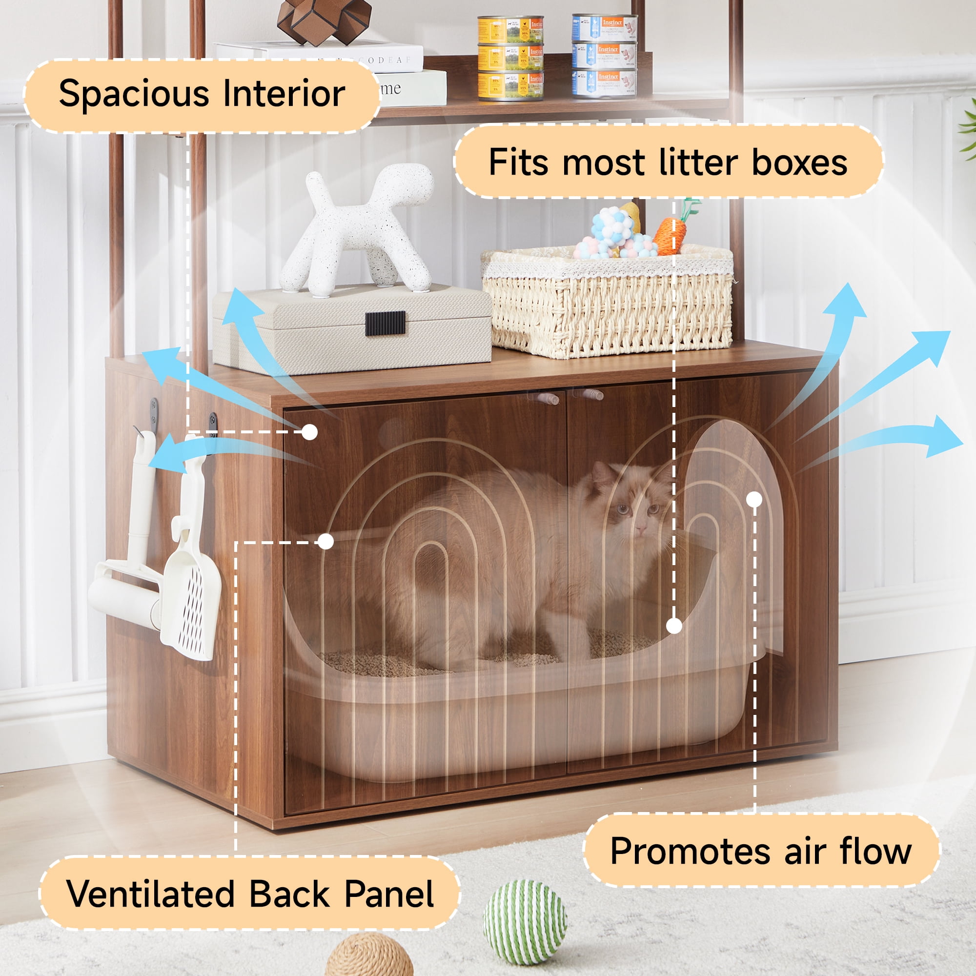 Wirrytor Walnut Cat Litter Box Enclosure With 2-Tier Display Shelves, Hidden Litter Box Furniture With Cat Perch, Modern Arched Pet Cabinet For Home Decor