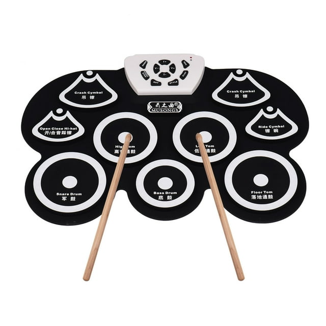 Portable Roll-Up Silicone Electronic Drum Kit with 9 Pads, 3 Drum Styles, Foot Pedal, Recording Function, USB/AAA Battery Power, Adjustable Speed/Volume, Headphone/Amplifier Connectivity - Black &