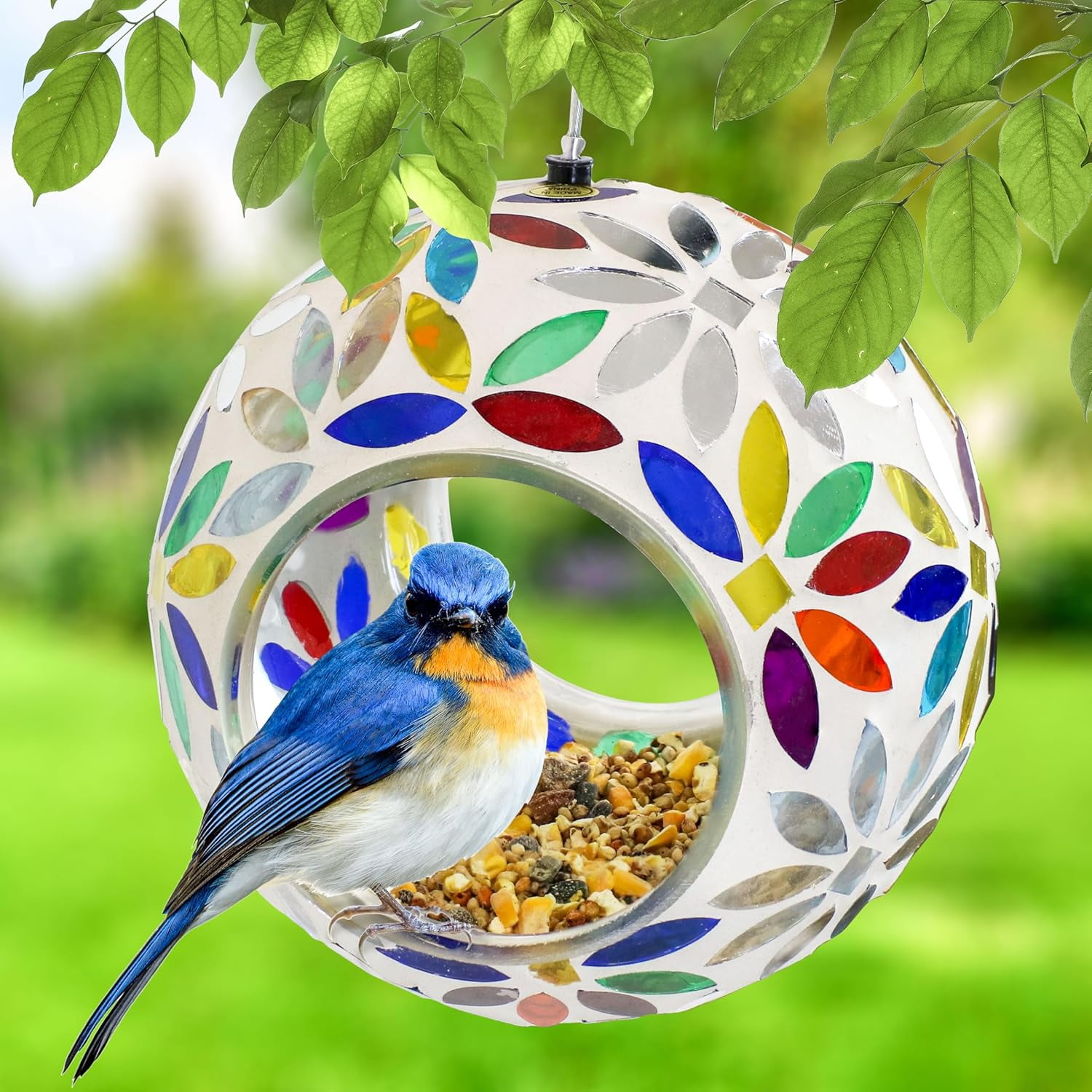 6-Inch Glass Mosaic Hanging Bird Feeder for Outdoors - Fly-Through Glass Bird Feeder for Cardinals, Jays, Finches and More - Rainbow Daisies