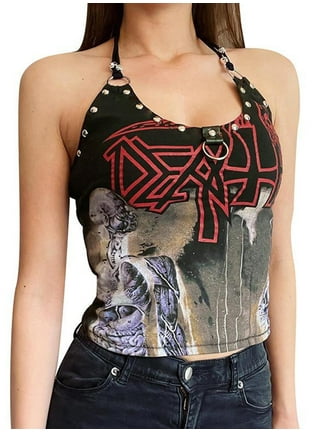 Womens Gothic Y2K Printed Tank Tops Girls Punk Grunge Slim Fit Mini Vest  T-Shirt