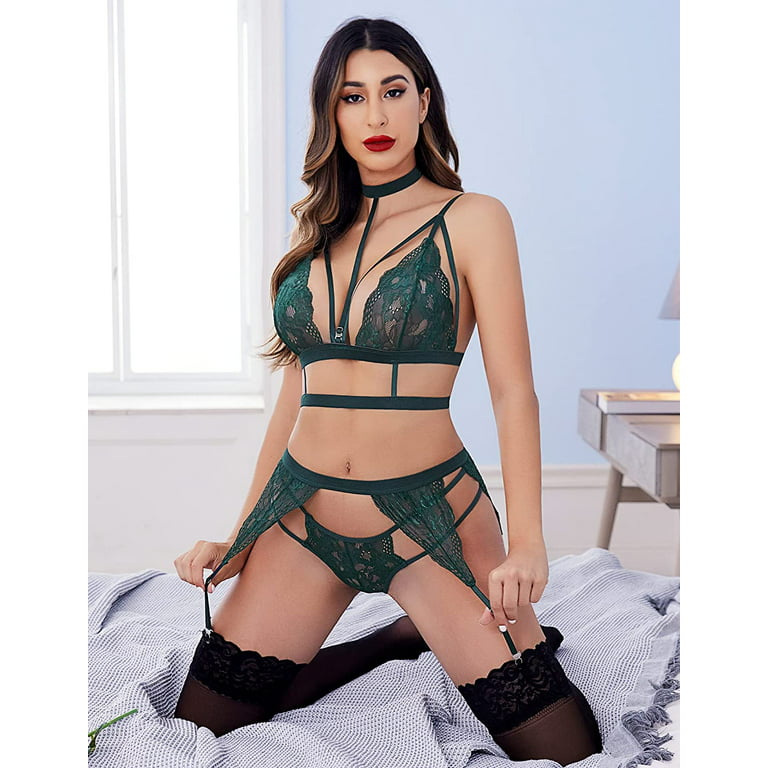 Color Lace Bra and Panty Set with Garter Set and Choker – Avidlove