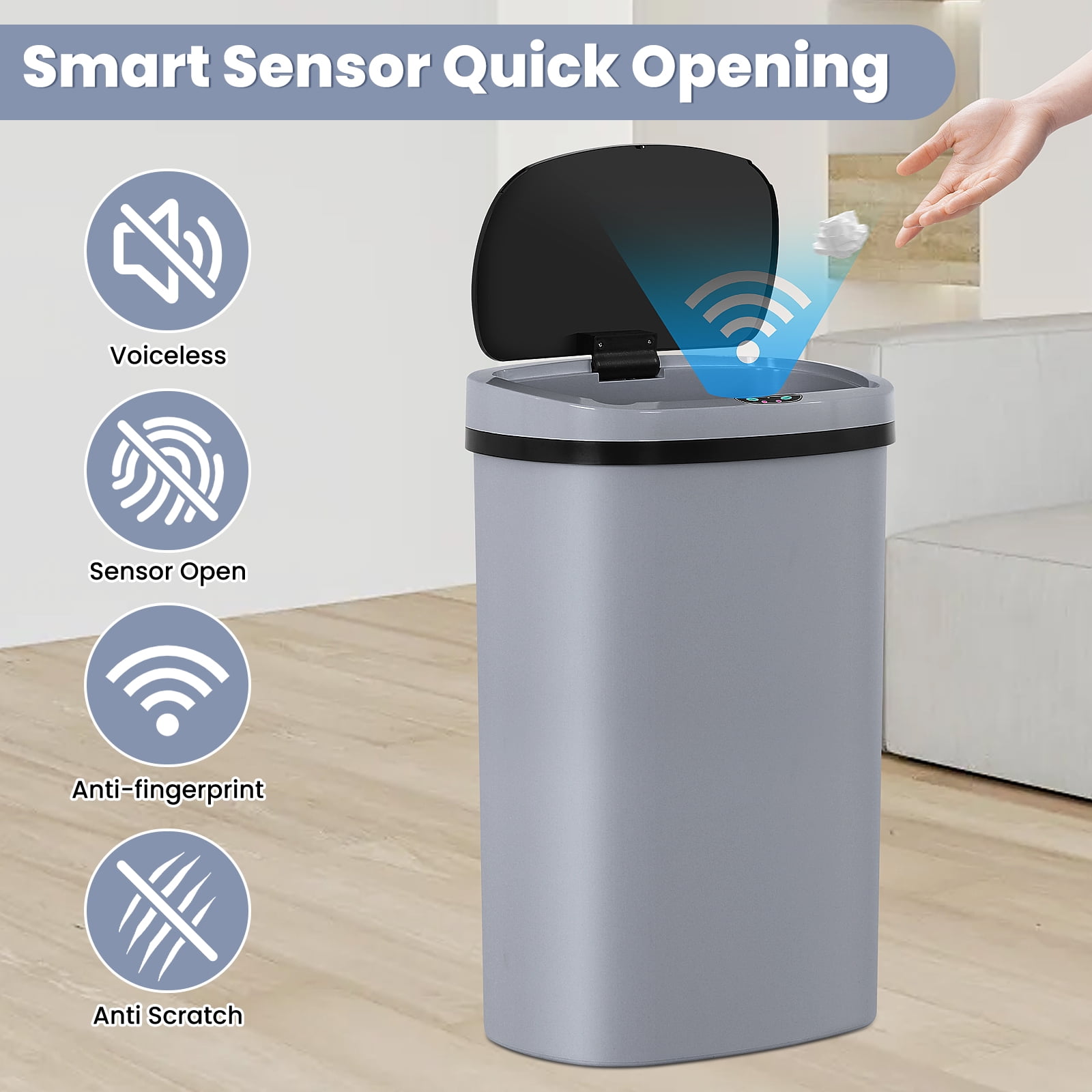 BIQWBIC 13 Gallon Tall Automatic Trash Can | Touch-Free Motion Sensor | High-Capacity Kitchen Trash Can | Waterproof Bathroom Trash Can | Living Room & Office Trash Can- 49L Waste Bin (1, Gray)