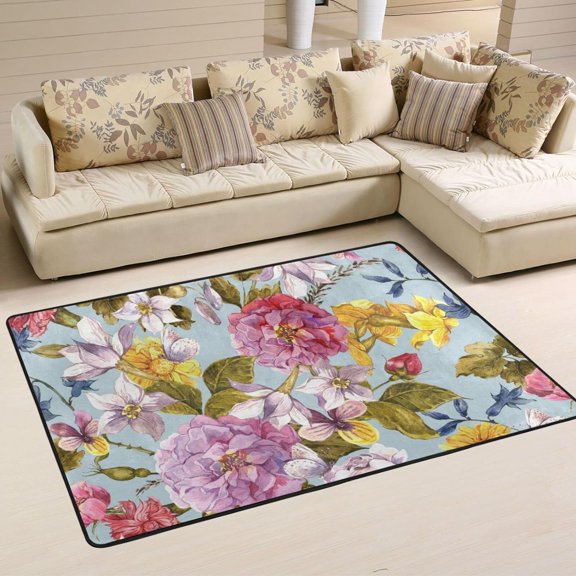SKYSONIC 72x48in Vintage Flower Watercolor Area Rug, Spring Floral Non-Slip Floor Carpet for Indoor Living Dining Room and Bedroom Area