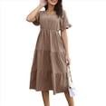 thumbnail image 2 of Vestido Informal de Mujer con Escote en V, Volantes y Corta, Corte A, Holgado, Midi Caqui Oscuro XL, 2 of 9