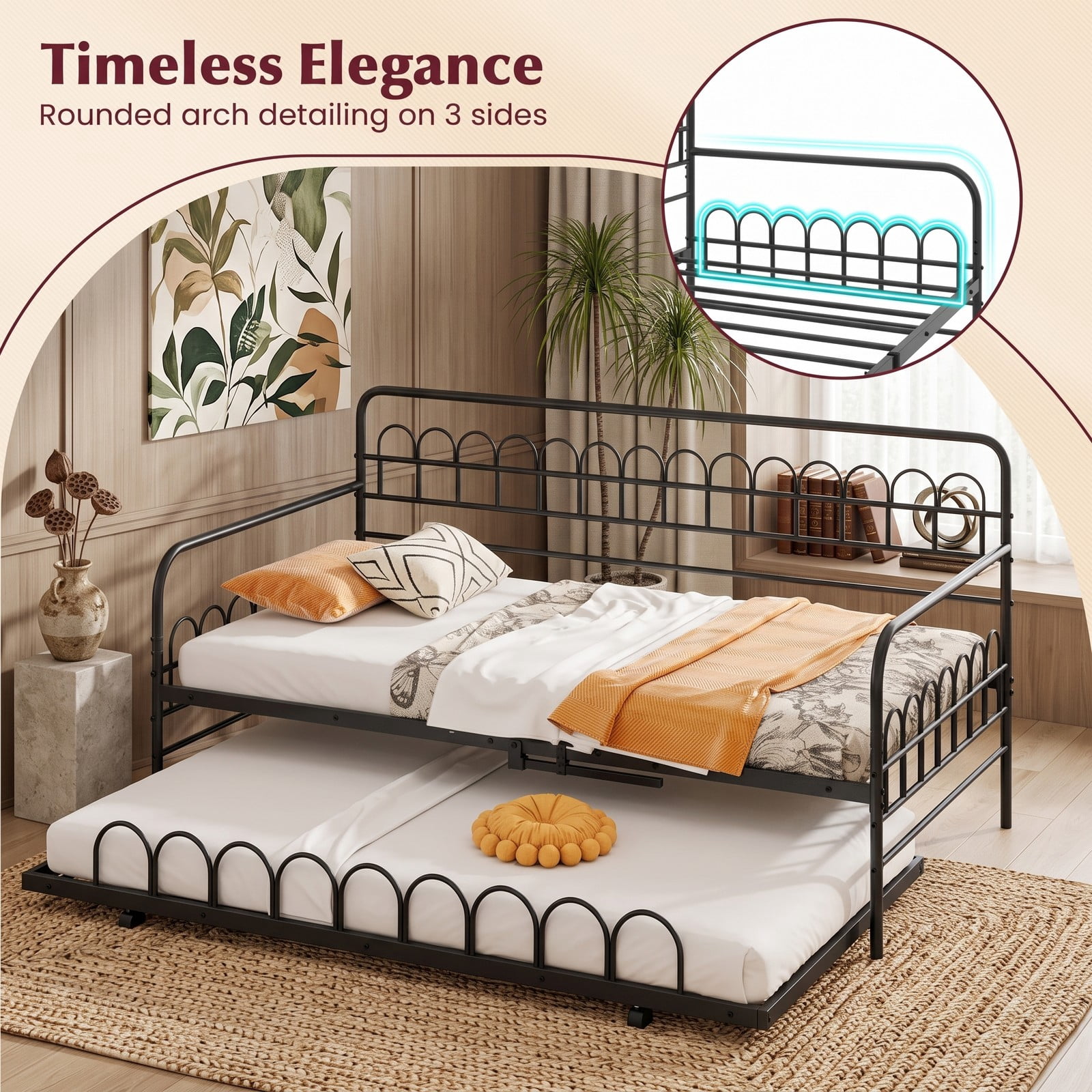 Furnibear Twin Metal Daybed with Pull-Out Trundle and Arched Rail Detailing on Lockable Casters for Bedroom and Guest Room, Black