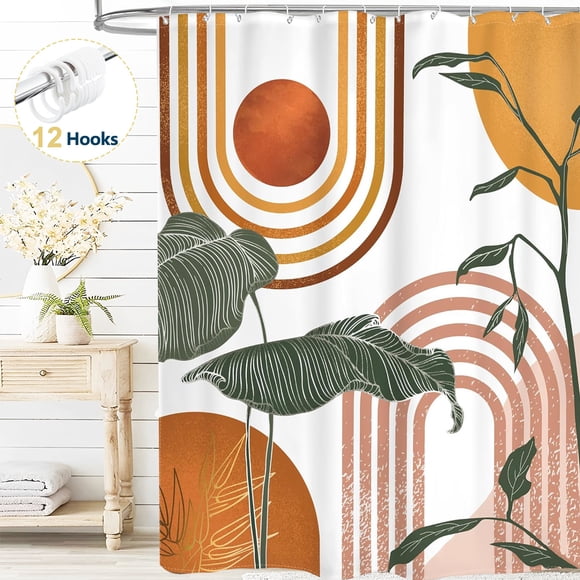 Dznils Cortina de Ducha Boho con Ganchos, Cortina de Baño de Tela Abstracta Moderna, 72" x 72", Naranja