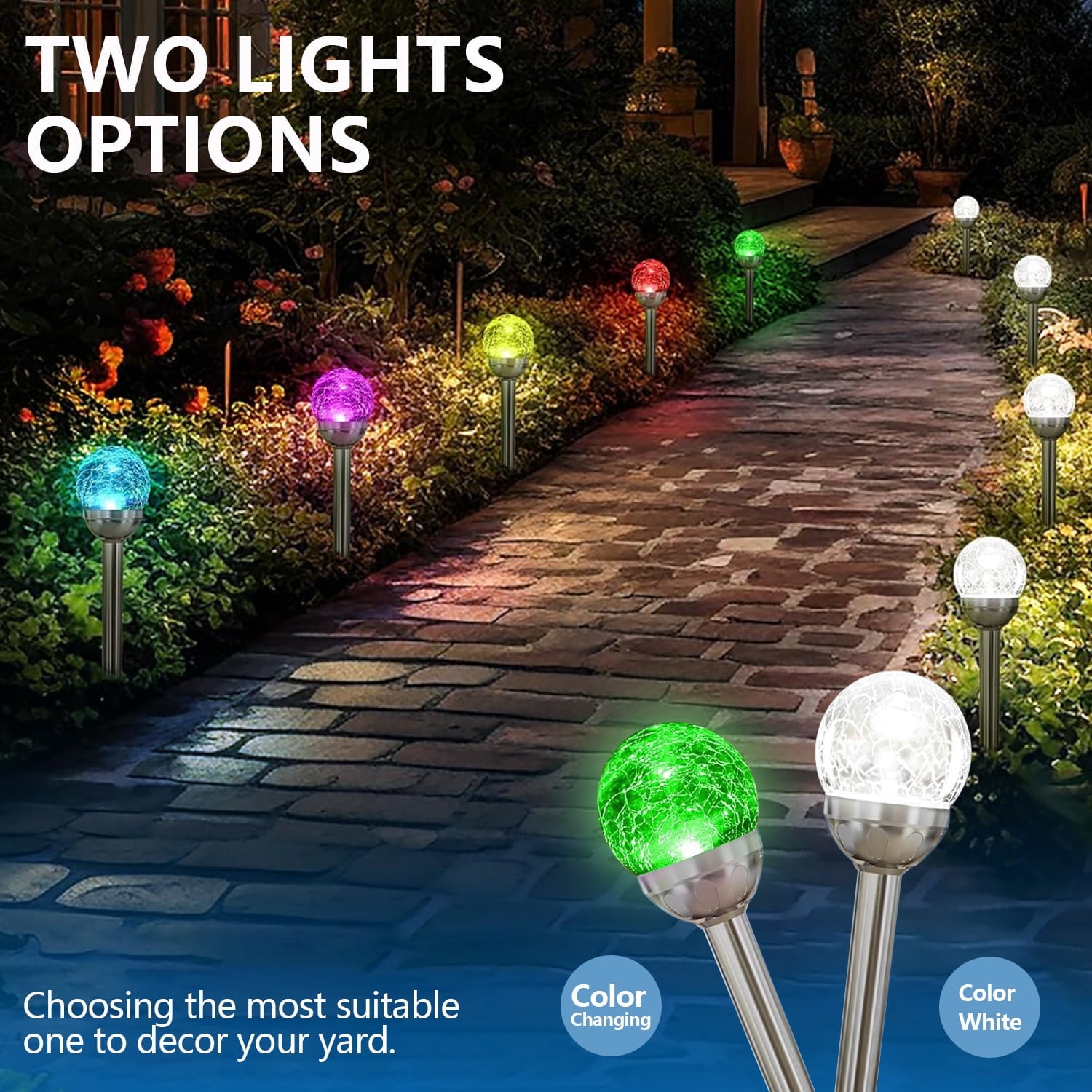 TiokMc 4 Pack Solar Garden Lights Outdoor, Color-Changing Crackle Glass Globe Lights, IP65 Waterproof LED Pathway Lighting with Auto On/Off, for Lawn Patio Yard Decor