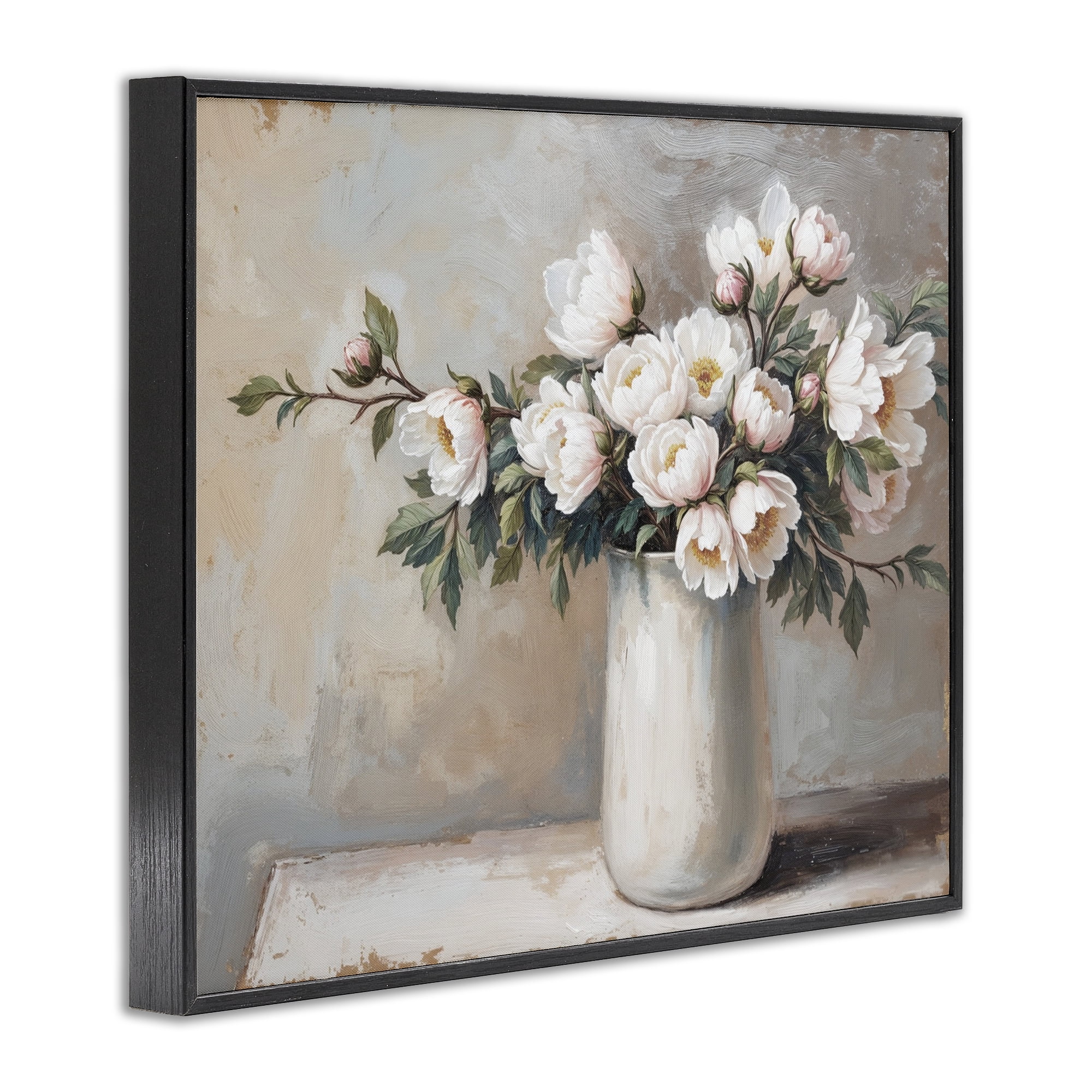 White Flowers in Vase Still Life Black Framed Giclee Art, design by Lettered and Lined