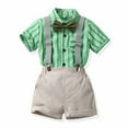 thumbnail image 2 of Fesfesfes 1-9 Years Boys Summer Formal Set Fashion Breathable Cotton Button Collar Striped Shirt with Elegant Bow Strap Pants with Pockets(Green,12-18 Months), 2 of 9