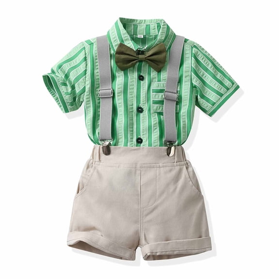 Children Boys Short-sleeved shirt and suspenders 2 Piece Set Summer Gentlemen Bow Striped Strap Pants Suit for Toddler Boy