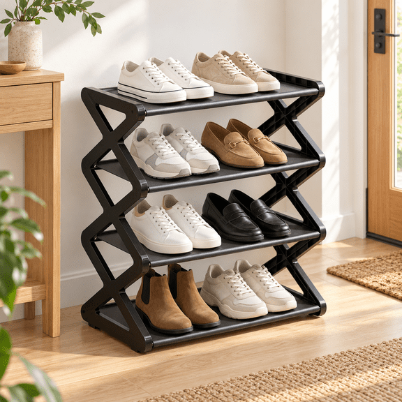 4-Tier Black Shoe Rack, Foldable Multi-Level Shoe Storage Organizer for Entryway, Bedroom, Hallway, Dorm Room and Under Table