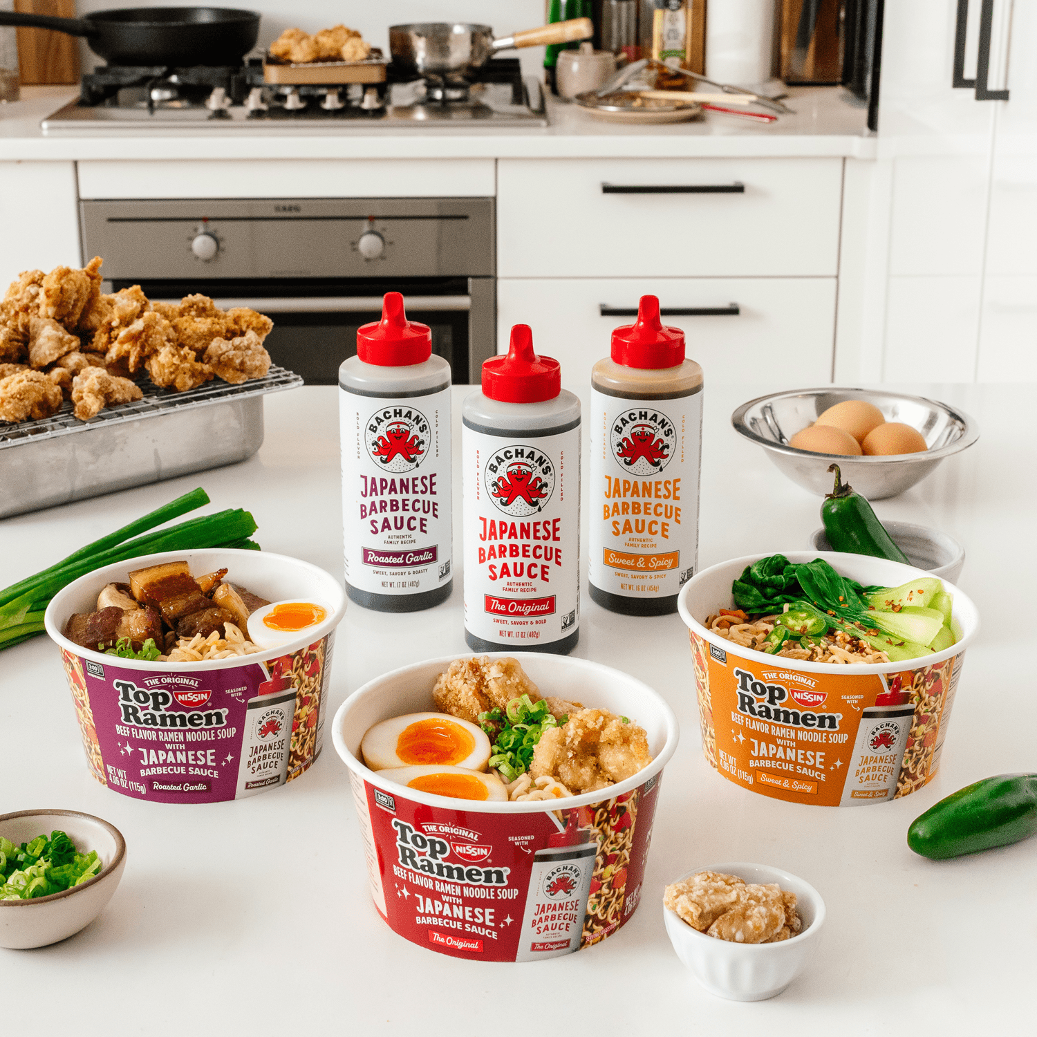 (6 pack) Nissin Top Ramen Bachan's Beef Ramen Bowl with Bachan's Roasted Garlic Japanese Barbeque Sauce