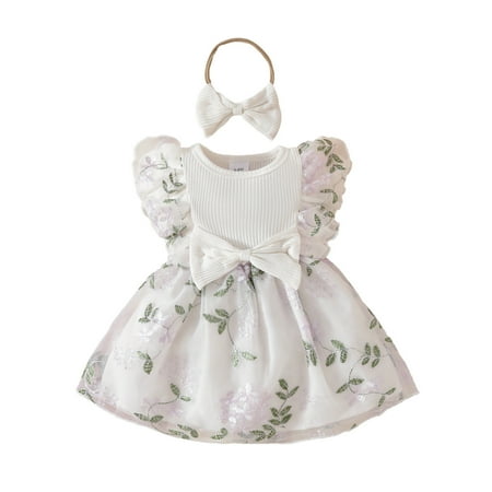 Tiijoy Infant Girls Sleeveless Ruffle Mesh Dress Embroidery Bow Princess Dress with Headband Sizes 9-12M