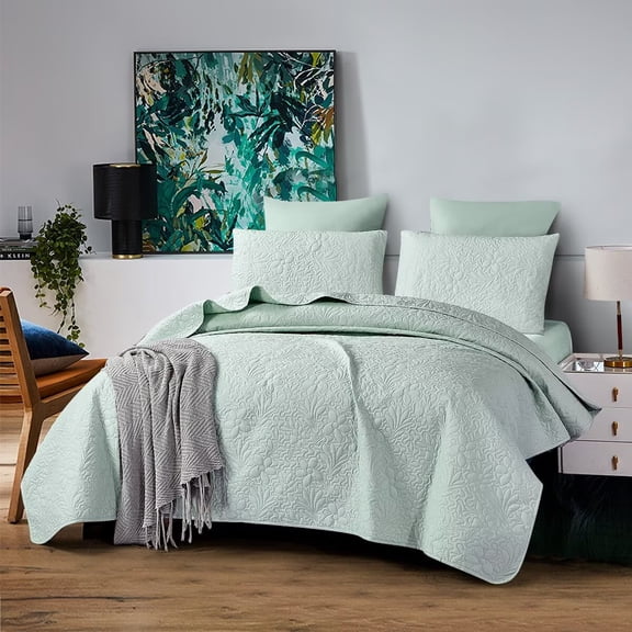LLST Microfiber Botanical Quilted Bed Sheet Set, Floral Stitched Bedding with 2 Pillowcases, Queen, Mint Green