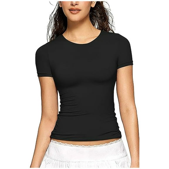 Women's Crewneck Slim Fitted T-Shirt Solid Color Basic Short Sleeve Crop Tops Summer Y2k Going Out Tees
