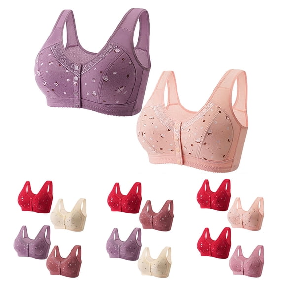 Gymayou 2Pcs Front Closure Bras for Older Women No Underwire Wireless Senior Bra Full Coverage Front Button Comfort Bras Multicolor#1 L