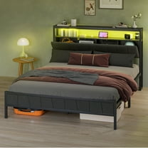 ModFusion Queen Bed Frame with Storage Headboard, Upholstered LED Platform Bed with Charging Station, Heavy-Duty Metal Slats, No Box Spring Needed, Fast Assembly - Gray