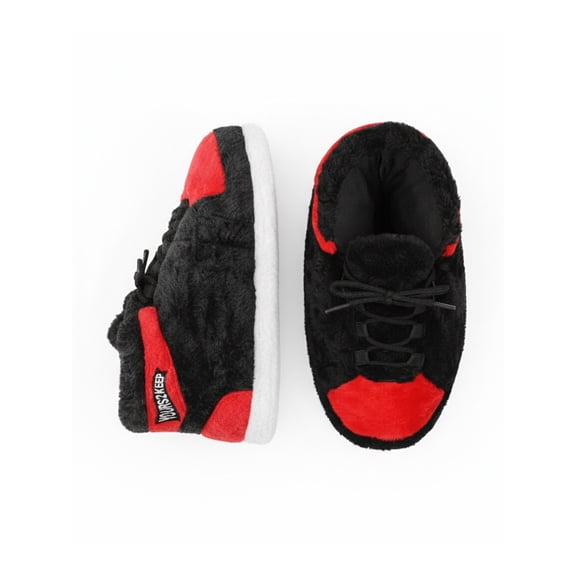Yours 2 Keep Puffy Funny High-Top Sneaker Slippers, Black/Red, Plush Indoor House Shoes, Unisex