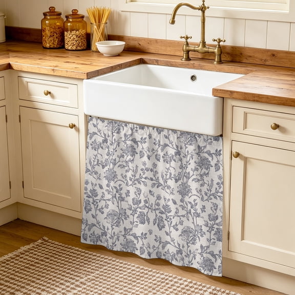 Haze Blue Leaf Cabinet Curtains 35"W x 35"L, Retro Farmhouse Plant Floral Branch Sink Skirt for Bathroom Vanity Kitchen Self Adhesive, Dust-Proof Privacy Curtain for Shelves Closet Laundry Pantry