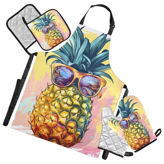 Pineapple with Glasses 5 Pcs Kitchen Set Heat Resistant Oven Mitts and Non-Slip Pot Holders with Adjustable Cooking Apron