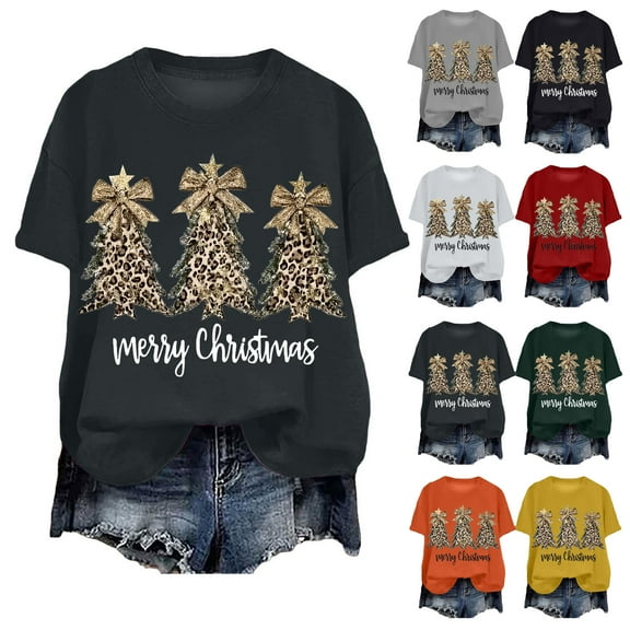 larppty Women's Christmas Short Sleeve T-Shirt - Leopard Print Christmas Tree Merry Christmas Graphic Tee, Casual Loose Fit Holiday Top Yellow, L