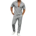 thumbnail image 2 of 2 Piece Waffle Textured Matching Suit for Men Deep V Lapel Polo Shirt Drawstring Waist Straight Leg Pants Wrinkle Resistant Casual Outfit for Weekend Resort Travel Gray S, 2 of 6