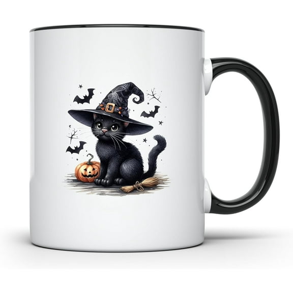 Witchy Cat Halloween Black Handle Mug Spooky 11oz Ceramic Coffee Cup with Festive Design Perfect for Halloween Lovers CCBM1829