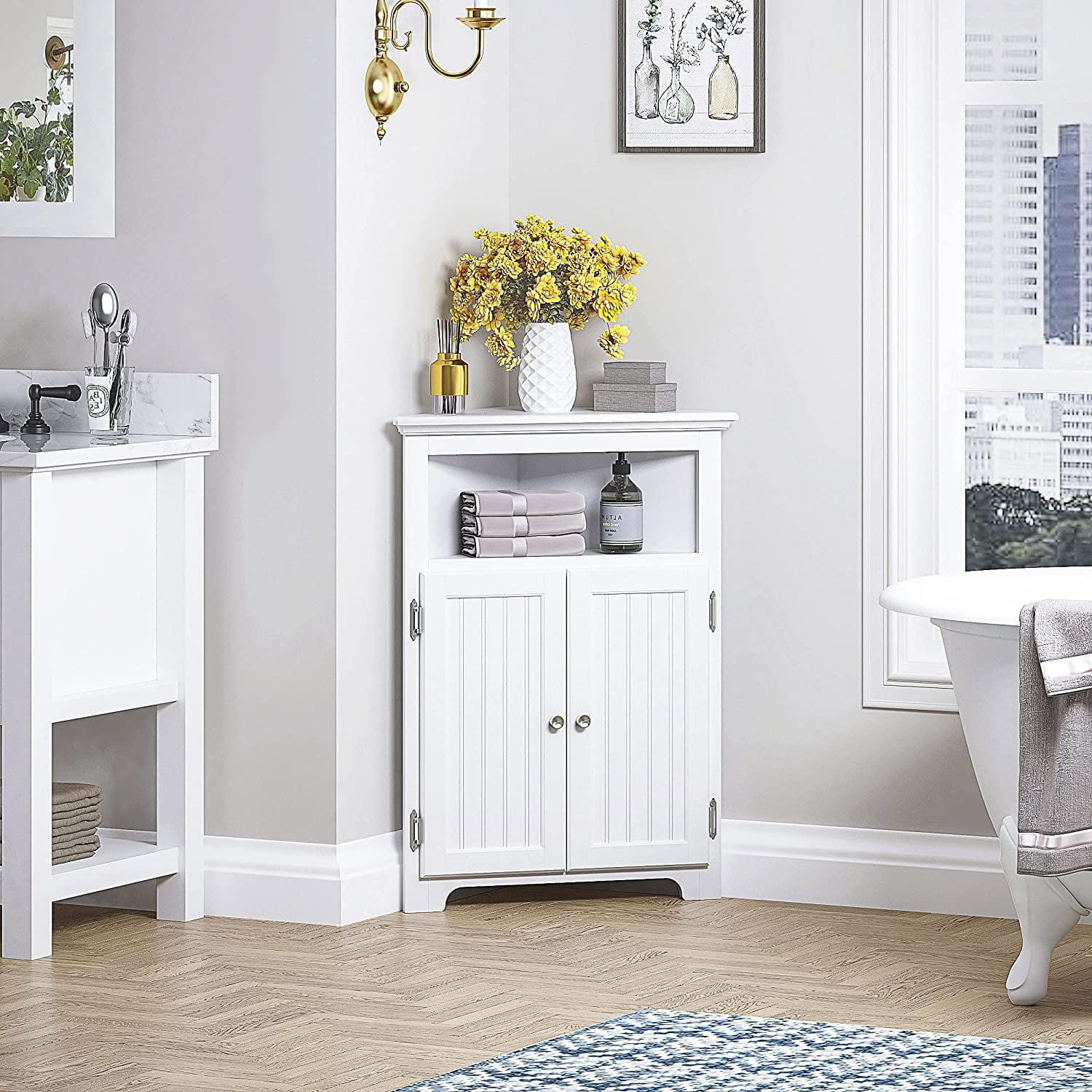 UTEX Corner Storage Cabinet, Bathroom Floor Corner Cabinet with Doors and Shelves,Free Standing Storage Cabinet for Bathroom, Kitchen, Living Room, White