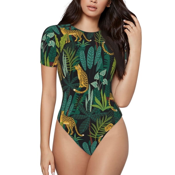 Balery Jungle Leopard Yellow Body de cuello redondo de manga corta para mujer Tops de manga corta Tops básicos-Small