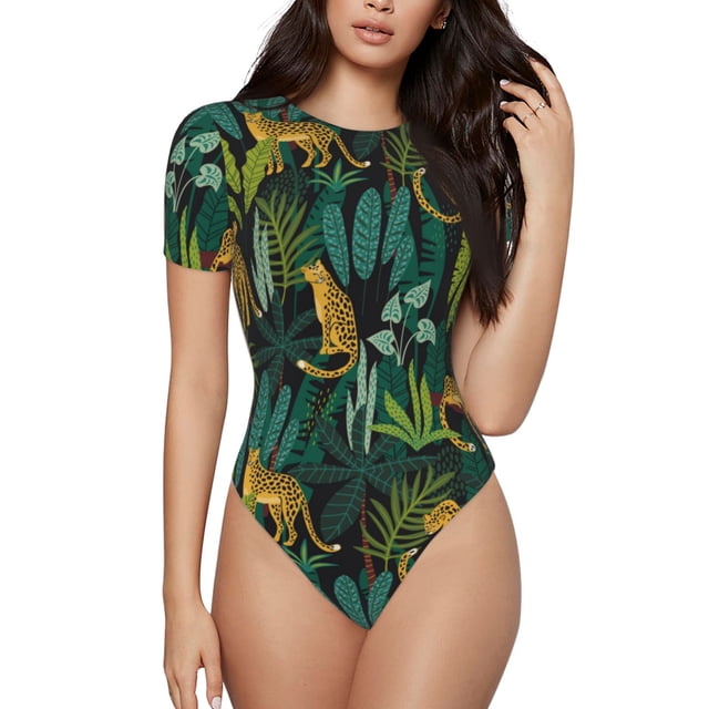 Saiise Pyjama à Manches Courtes Col Rond Motif Léopard Jaune pour Femmes avec Fermeture à Pression-TG