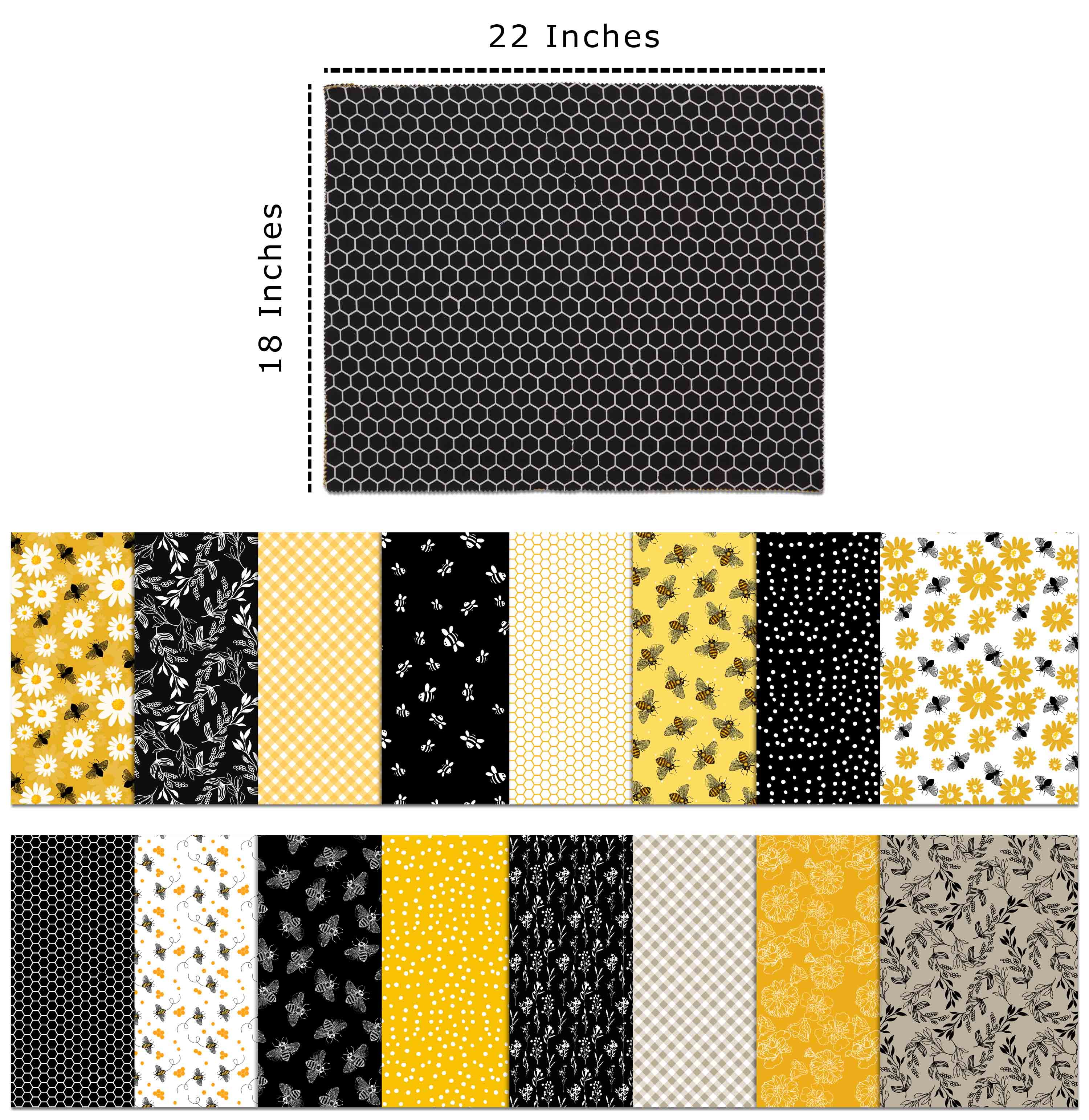 Soimoi 16 Pc Fat Quarter Bundle-Honey BeesPrint 18"x 22"DIY Patchwork-100% CottonPre-Cut Quilting Fabric White-Yellow & Black