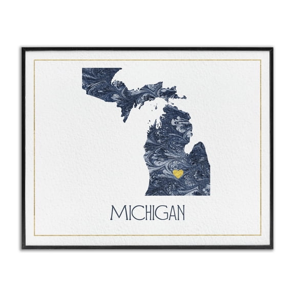 Stupell Industries Contemporary Michigan Minimal Blue Marbled Paper Silhouette Black Framed Giclee Art, 20 x 16, by Lil' Rue