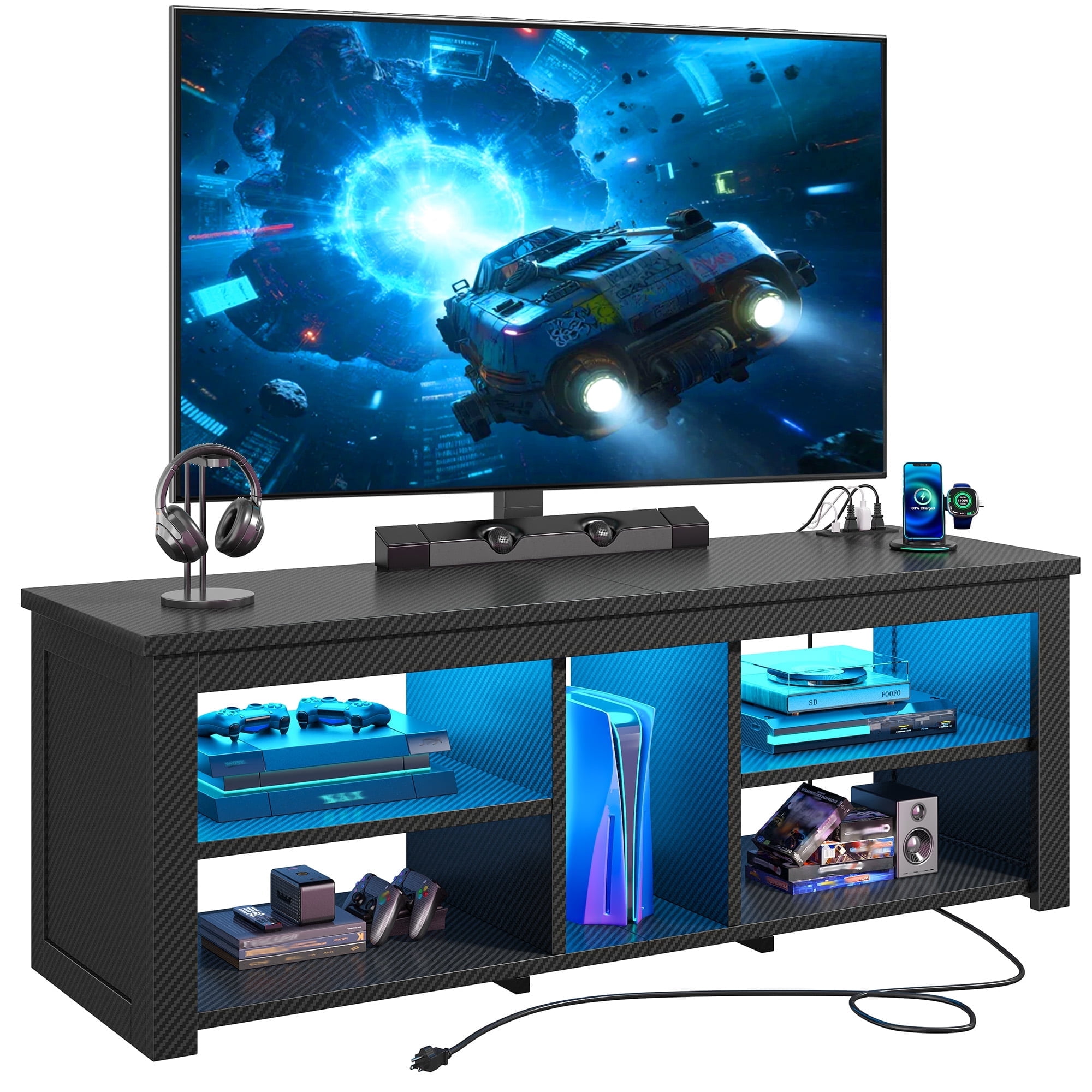 Romorgniz TV Stand with Mount & LED Lights for 70 inch TVs, Swivel Entertainment Center with Power Outlet, Carbon Fiber Black