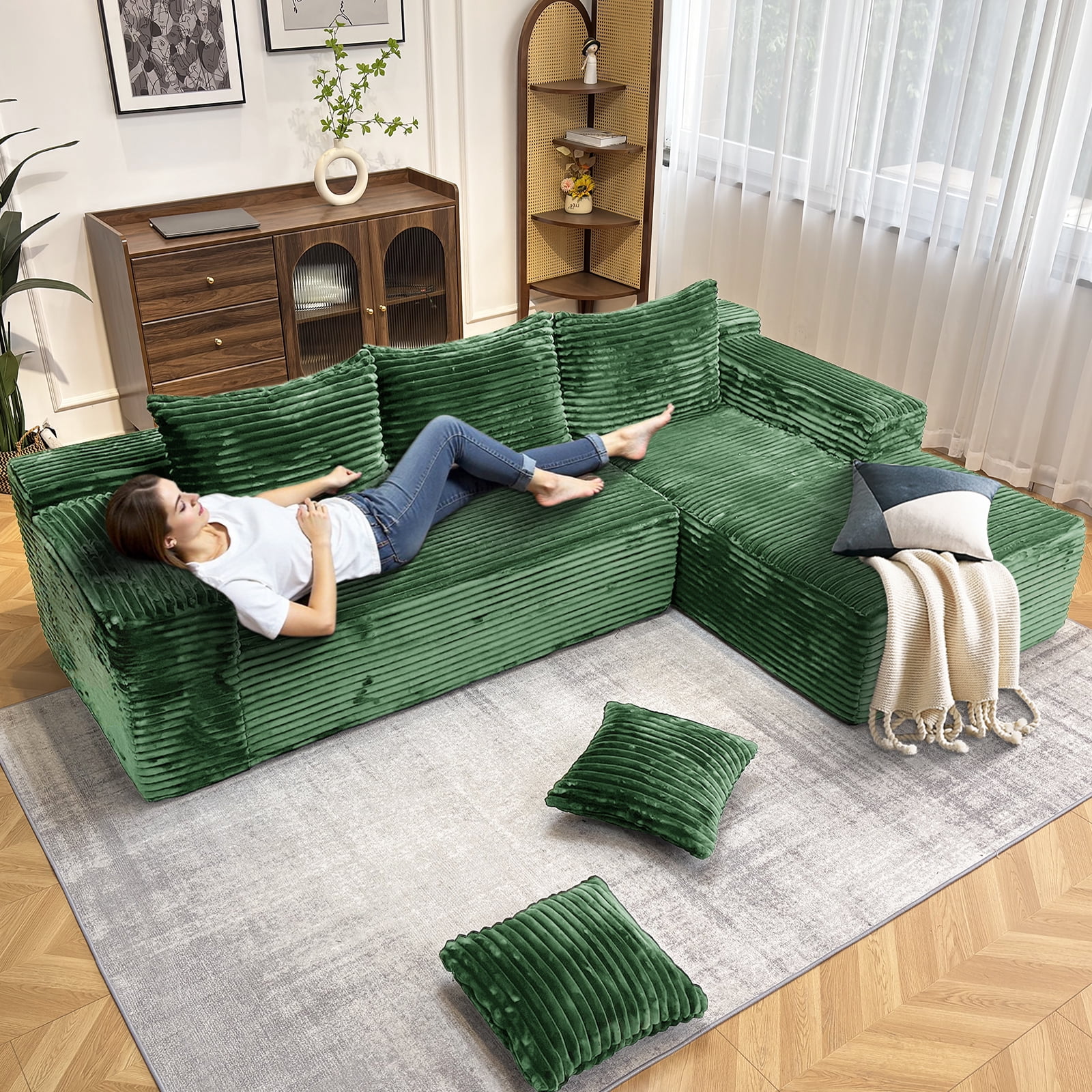 Kelyda 104'' Modular L-Shaped Sectional Sofa, Modern Memory Foam Deep Seat Corduroy Boneless Cloud Couch Green