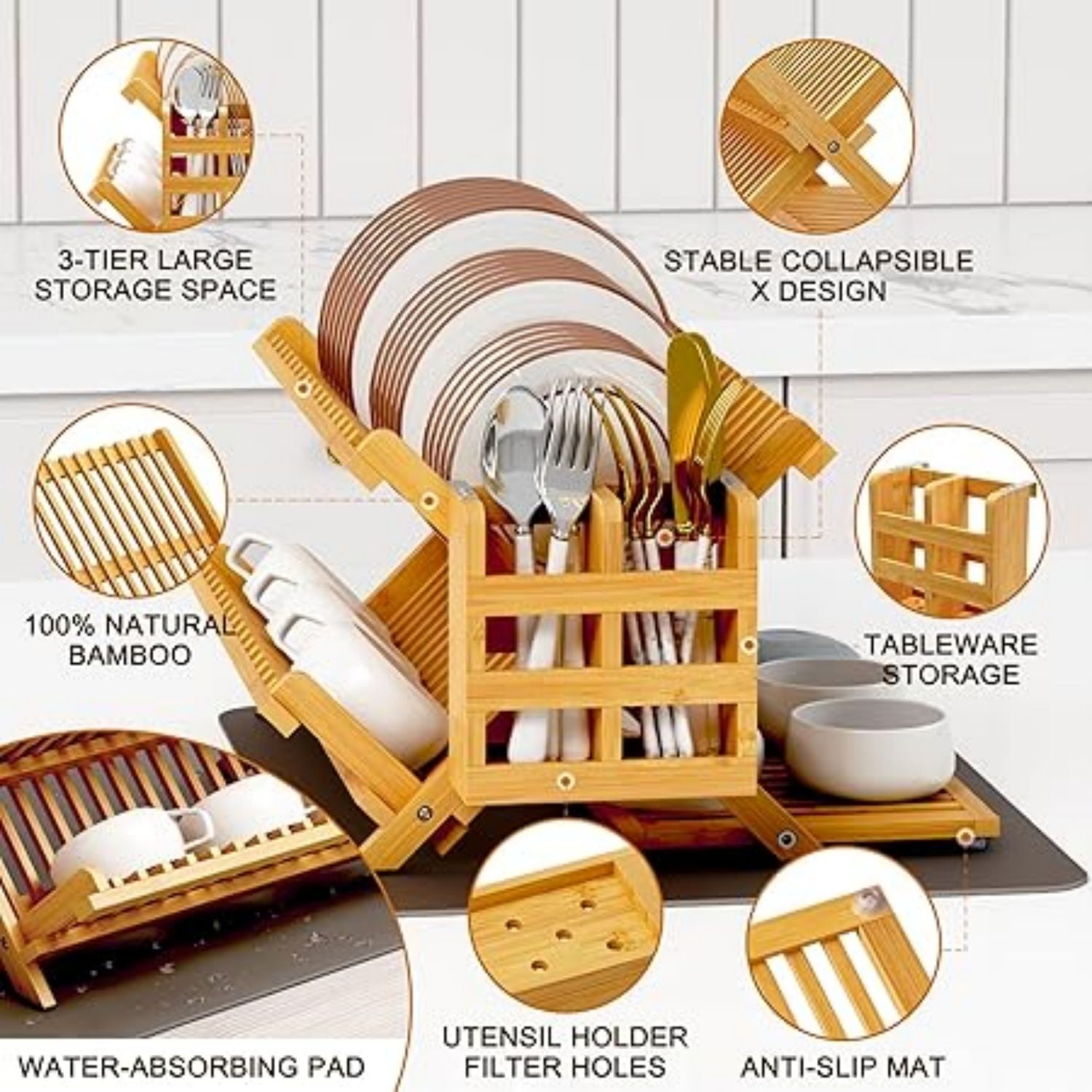 Bamboo Dish Drying Rack with Utensil Holder, 3 Tier Collapsible Dish Rack, Wooden Dish Racks for Kitchen Counter, Large Folding Drying Holder with Absorbent Dish Drying Mat