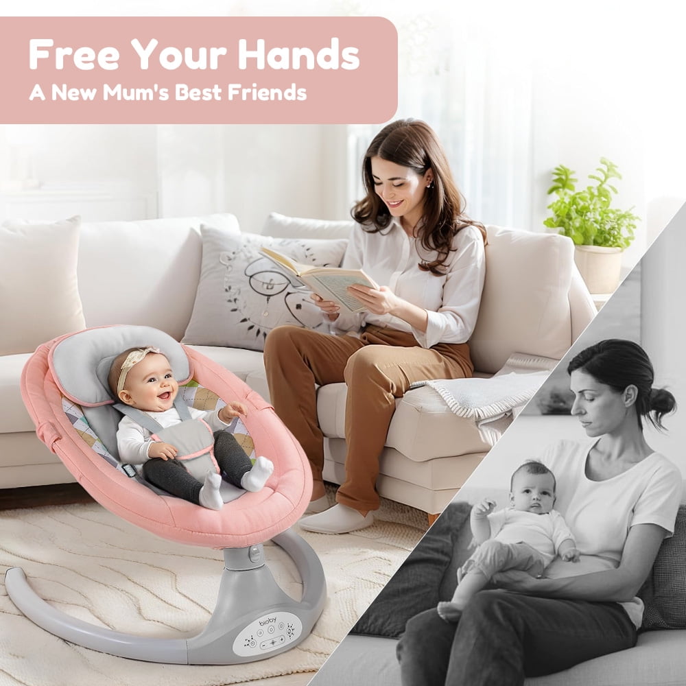Electric Baby Swing, Caveen Infant Swing Rocker with Remote Control, 5 Sway Speeds, Bluetooth Music, Pink