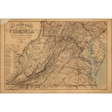 24"x36" Gallery Poster, Map of the state of Virginia 1865