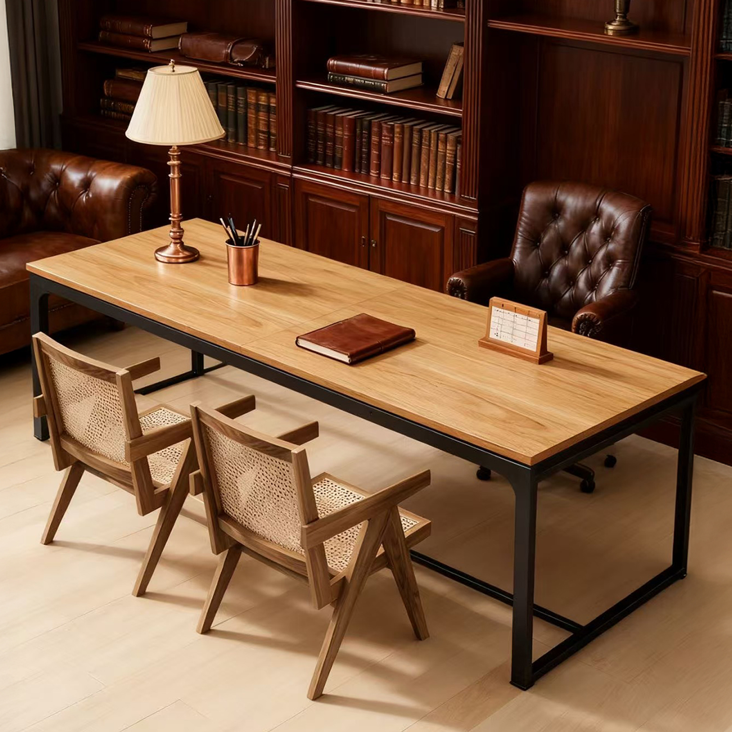 78.7 Inches Extra Long 2 Person Computer Desk, Wooden Large Home Office Writing Table With Strong Metal Legs, Spacious Study Workstation For Collaborative Use, Natural & Black